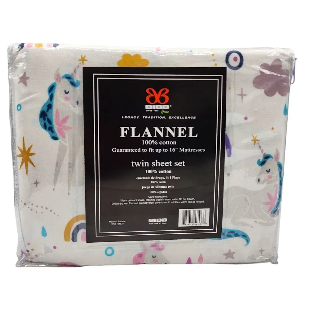 BIBB Home‎ Twin Size Cotton Flannel Sheet Set 3pc Multicolor Unicorns Pattern